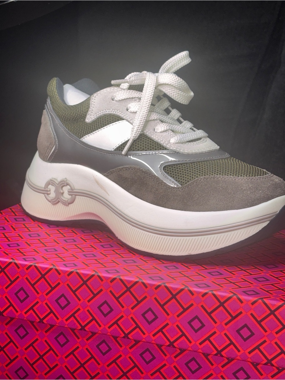 Tory Burch Olive Green and Gray Chunky Lace-Up Sneaker